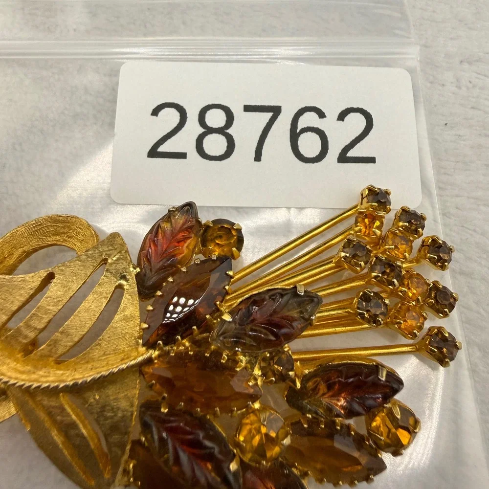Vintage Rhinestone Brooch Gold Tone Orange Brown Rhinestone Leaf Spray Molded